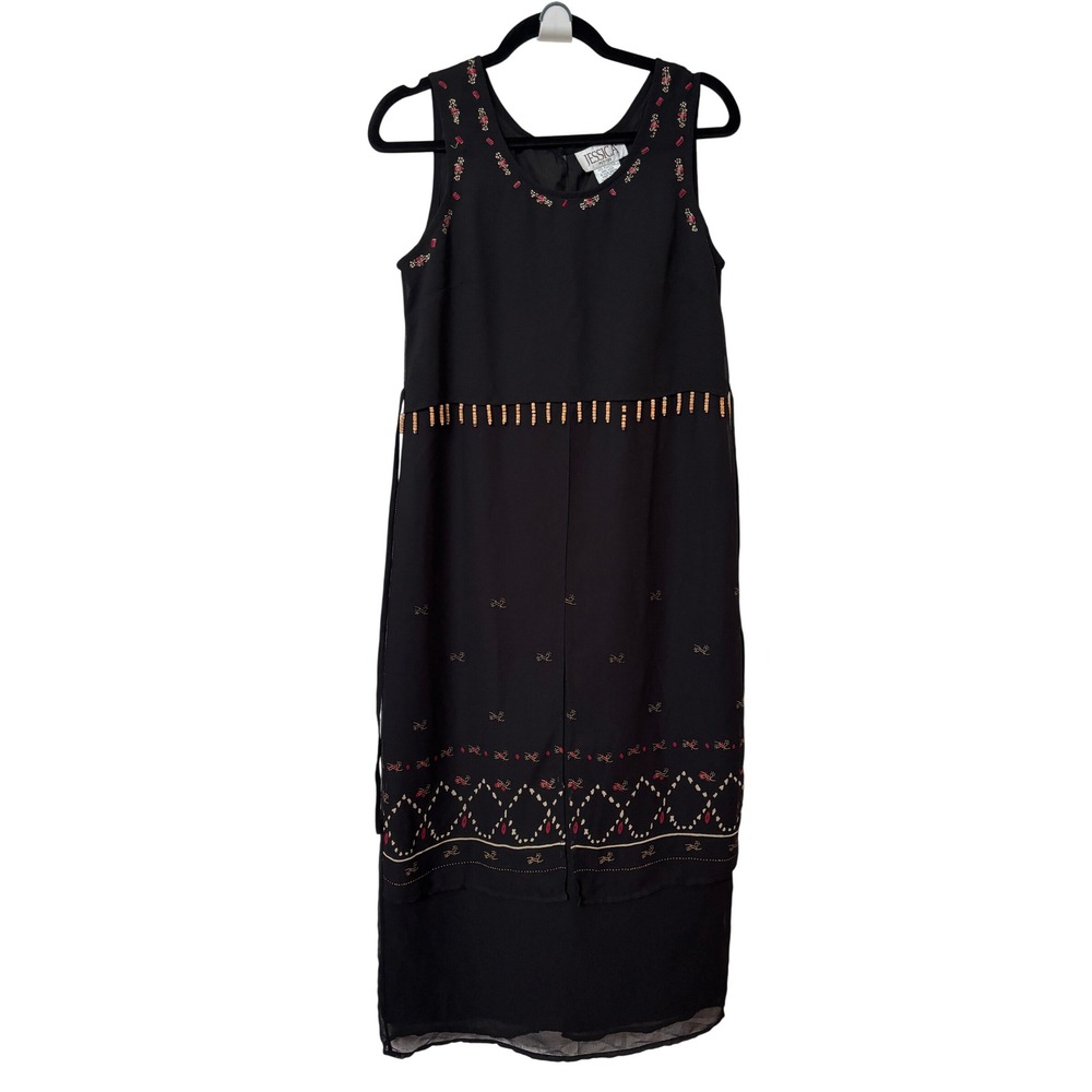 Jessica Petites Vintage Black Embroidered Beaded Midi Dress Sleeveless Medium